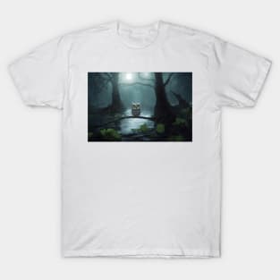 Mystical owl sitting on branch at dark forest T-Shirt